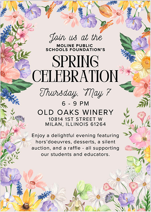 Border of flowers around text with information about the MPSF Spring Celebration