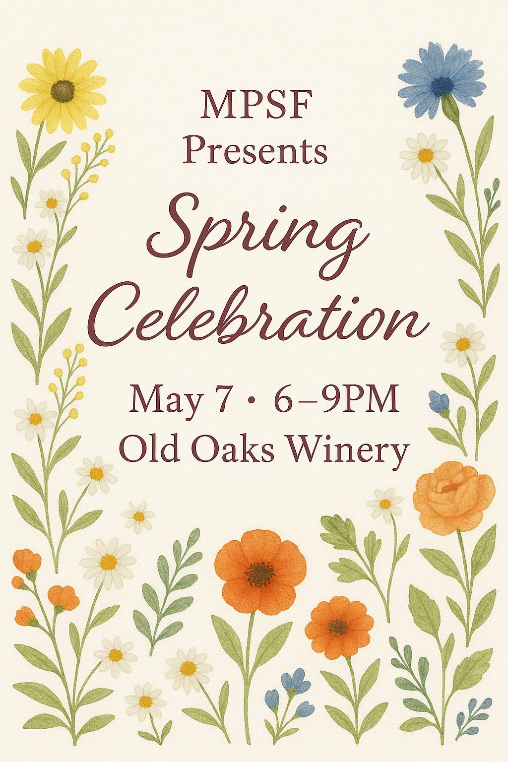 Border of flowers around text that reads 2023 MPSF Spring Celebration